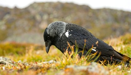 Close-up of a black and white bird foraging in autumnal mountain meadow
