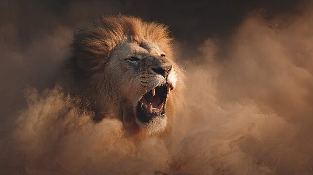 a majestic lion in mid roar against a dusty backdrop. the lion's powerful stance and open mouth convey an intense moment of dominance and pride
