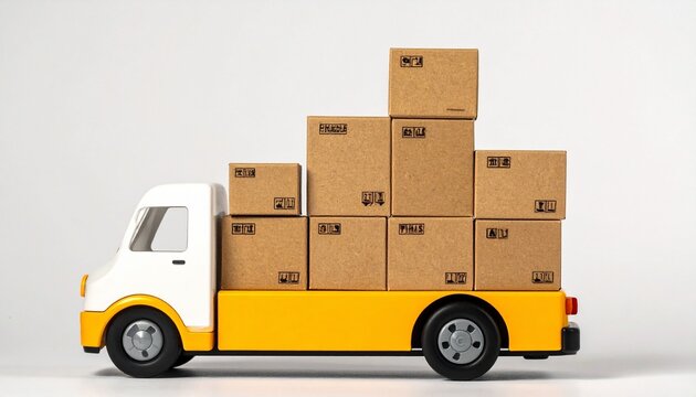 Toy delivery truck with white cab and yellow cargo bed carries ten stacked cardboard boxes in pyramid form on light background—symbolizing logistics, organization, and playful transportation.