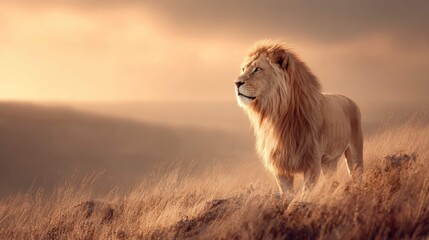 a majestic lion standing in a field with golden grasses, set against a backdrop of a sunset or sunrise