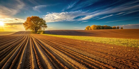 Golden Hour Serenity A Solitary Tree Stands Sentinel Over Rolling Cultivated Fields at Sunset