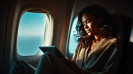business travel entrepreneur concept with black woman using tablet on airplane showing professional digital work mobile device corporate career and productivity