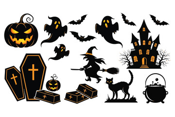 Halloween Icons Collection Featuring Pumpkin Ghost Witch Cat Haunted House Coffins and Cauldron