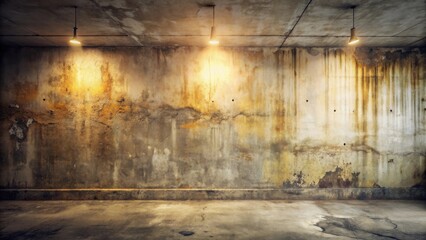 Illuminated Aged Concrete Room Interior with Distressed Walls and Floor