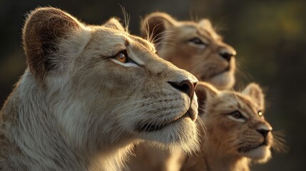 Obraz premium two lions with their cubs, set against a sunset backdrop, showcasing their majestic presence in a natural habitat