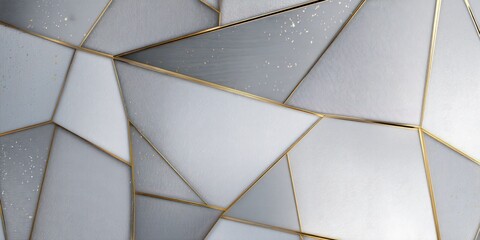 A striking, abstract background features a fragmented, geometric design composed of overlapping white and silver shards outlined with a delicate, shimmering gold. The shards create a complex, 