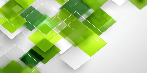 A dynamic abstract background features a complex arrangement of overlapping, translucent green and white squares. The squares create a sense of movement and depth, 