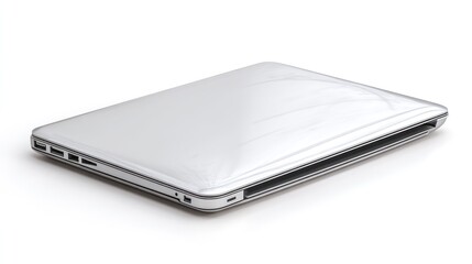 A sleek, silver MacBook laptop rests on a white surface, showcasing its minimalist design. The laptop?s lid is slightly ajar, revealing a glimpse of the screen?s interior