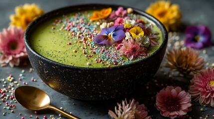 A vibrant green smoothie bowl adorned with colorful edible flowers and sprinkles, presented in a dark textured bowl with a golden spoon nearby, surrounded by a delicate floral arrangement.