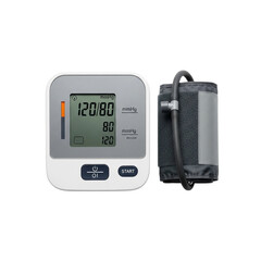 Digital blood pressure monitor with cuff isolated on transparent background
