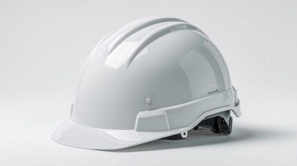 A white hard hat rests on a white surface, casting a subtle shadow. The helmet is sleek and modern, with a reflective shell and adjustable straps. It?