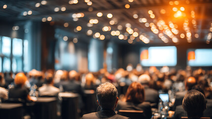 blurred seminar room business event background with people audience attending speech corporate management professional teamwork workplace collaboration and company strategy success