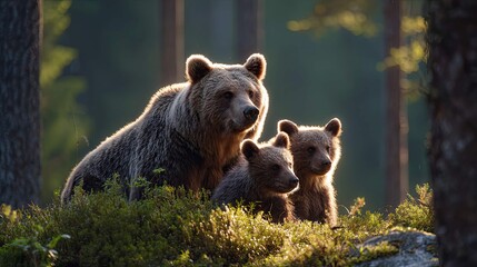 Obraz premium a serene scene in nature featuring three brown bears, possibly a family unit, gathered together on a grassy area near the base of pine trees
