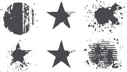 Vintage hand drawn star set with retro grunge and punk design. Rough inked star icons with artistic grunge texture on white background. 