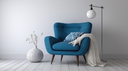 A comfortable armchair sits prominently in a minimalist room. The armchair is a deep teal blue with a tufted back and cushioned seat, draped with a cream-colored knitted throw and a patterned pillow. 