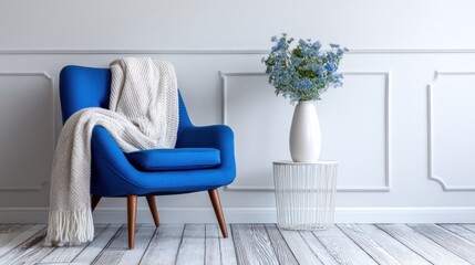 A vibrant blue armchair sits prominently in a serene room, draped with a soft, white knitted throw. A delicate bouquet of blue forget-me-nots rests in a simple white vase on a small, 