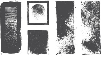 set of three highly detailed stamp / letterpress / rolled ink textures isolated over a transparent background. 