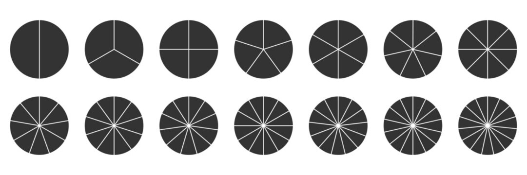 Pie chart black icon set. Circle section graph. Infographic wheel segment. Segmented Round diagram. Divided circle on 2 3 4 5 6 7 8 9 10 11 12 13 14 15 parts. Simple minimal Piechart silhouette
