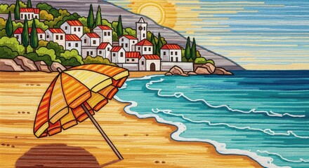 Colorful Beach Scene with Umbrella and Coastal Village Under Sunlight