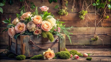 Rustic Wooden Box Overflowing with Delicate Peach Roses and Lush Greenery, a Serene Floral Arrangement Against a Weathered Wooden Background