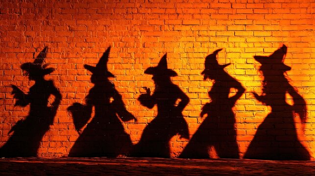 Shadow projections of multiple people in witch and wizard costumes dancing on wall with dynamic poses and orange backlighting for party atmosphere