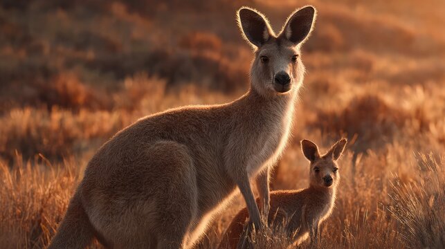 an intimate moment in a natural setting between two kangaroos, possibly a parent and offspring, in a grassy area at sunset