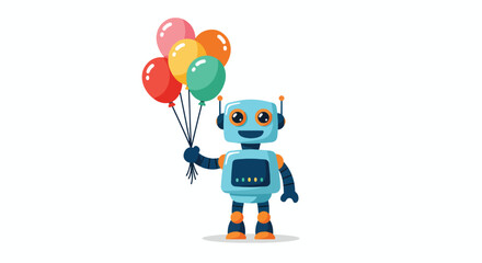 Obraz premium A blue robot holds a bouquet of five colorful balloons
