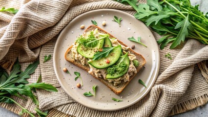 Aromatic and Wholesome Open-Faced Sandwich with Creamy Spread, Sliced Avocado, and Fresh Greens on Whole Grain Bread