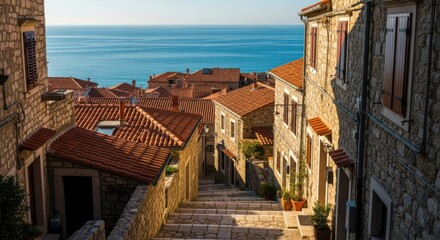 Stone Narrow Street Descending Toward Sea in Coastal Village with Red Tiled Roofs and Rustic Buildings