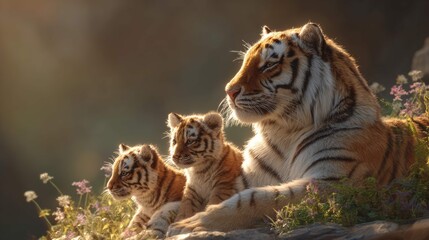 Obraz premium a tranquil scene in nature featuring three tigers. one large adult tiger is sitting on a rock to the left, watching over two younger cubs who are sitting on the ground nearby