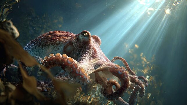 an octopus swimming among kelp in a sunlit underwater environment - Powered by Adobe