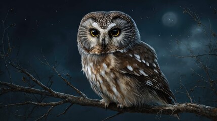 there is an owl perched on a branch, facing the viewer directly