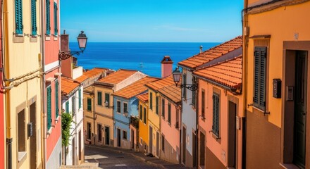 Colorful Mediterranean Coastal Village Street with Red Tiled Roofs and Ocean View