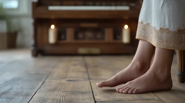 Gentle feet tapping on wooden floor beside harmonium while breathing