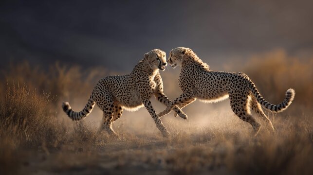 two cheetahs in mid action in an open desert landscape, with dust kicked up by their movement, emphasizing the speed of these wild cats as they run beside each other
