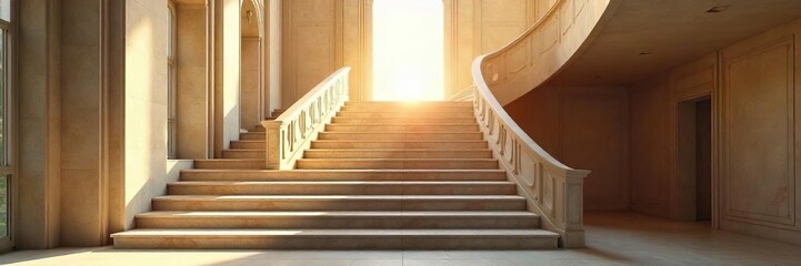 Dramatic Hollywood-style staircase ascending towards bright sunlight, elegant design, architectural detail, luxurious home interior , down, perspective, classy