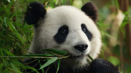 a close up photograph of a panda looking to the left with bamboo leaves in the background. the panda has black fur around its eyes, ears, and limbs contrasting with white fur on the rest of its body