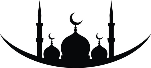 Silhouette of a mosque with minarets and crescent moons isolated on white background, representing islamic architecture and religious symbolism 