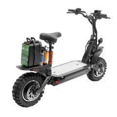 Electric scooter with an extended range battery pack and rear fender [Transparent Background PNG].