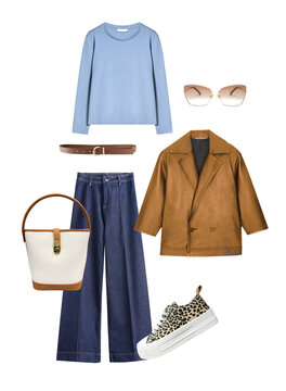 Autumn trendy outfit isolated on white,women's clothing set. Fashion board, fall style female collection of clothes.Nobody.