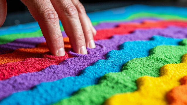 A macro shot of a person's fingers drawing waves in rows of colorful textured sand.