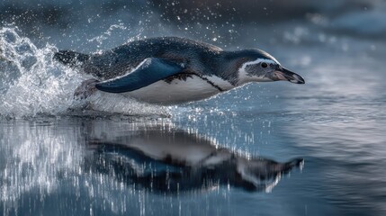 Fototapeta premium a penguin in flight over a body of water