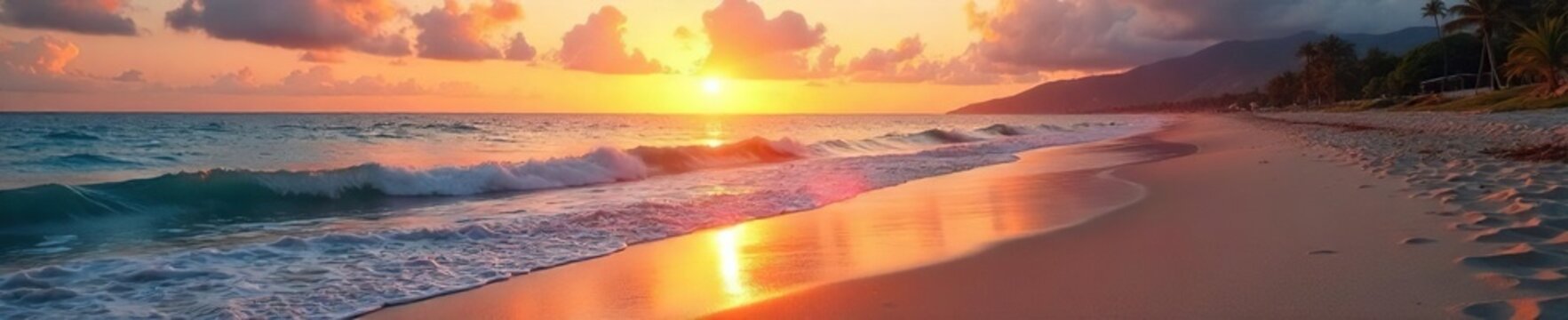 Serene sandy shoreline at sunset, gentle waves lapping the shore, tranquil beach scene with golden sand and clear water reflecting the sky's vibrant colors , beach scene, coast, blue sky