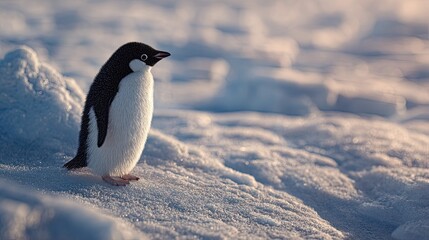 Obraz premium a penguin standing in an icy landscape, with snow covered surroundings extending into the distance