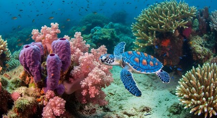 Fototapeta premium A Rainbow Sea Turtle Swims Among a Fantastically Colorful Coral Reef