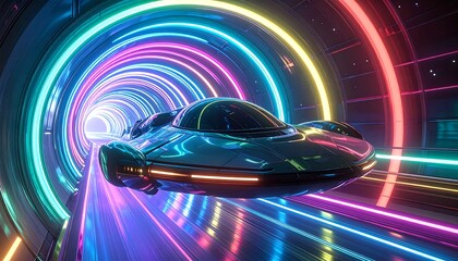 Futuristic car flies through a glowing, colorful tunnel at high speed