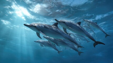 a mesmerizing underwater scene where a school of dolphins is swimming in formation beneath the clear ocean surface