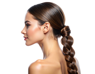  Elegant Woman’s Profile Silhouette with Braided Hair Bun and Dropped Shoulder Pose, Transparent PNG