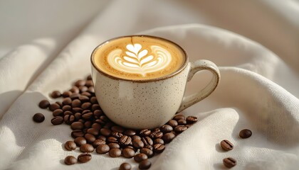 Cappuccino With Latte Art and Coffee Beans on Linen
