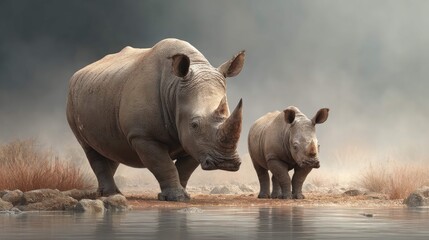 Obraz premium two rhinos in an outdoor setting near water